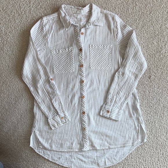 Maurices Tops - Maurices White and Tan Striped Button Down Shirt